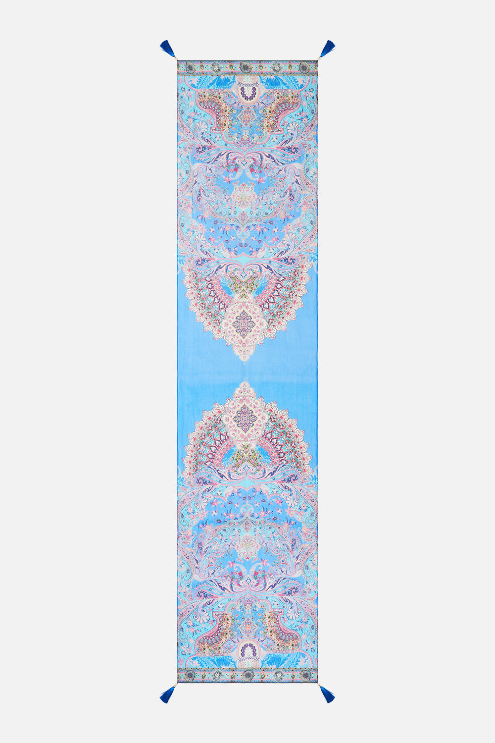 The CAMILLA long silk crinkle chiffon scarf from our print footsteps in folklore, front product view