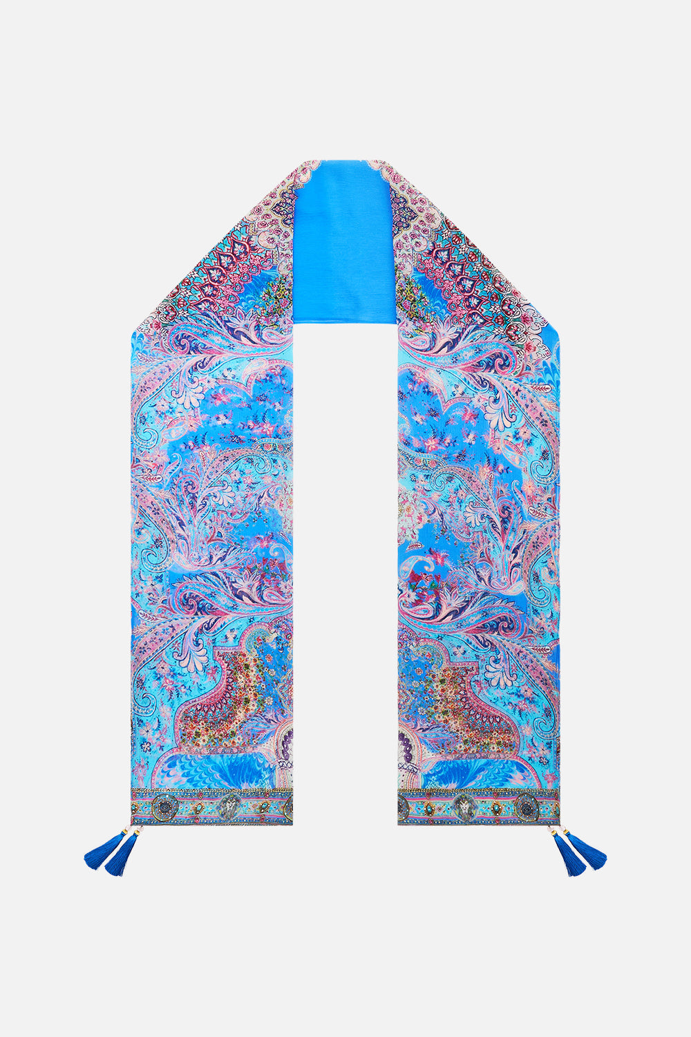 The CAMILLA long silk crinkle chiffon scarf from our print footsteps in folklore, back product view
