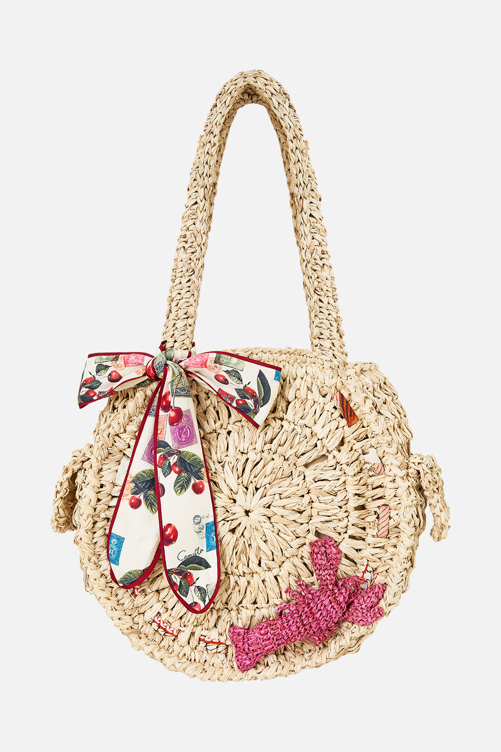 BOLSO DE HOMBRO REDONDO DE RAFIA CON LAZO DE PAÑUELO NOTAS DEL CAMINO