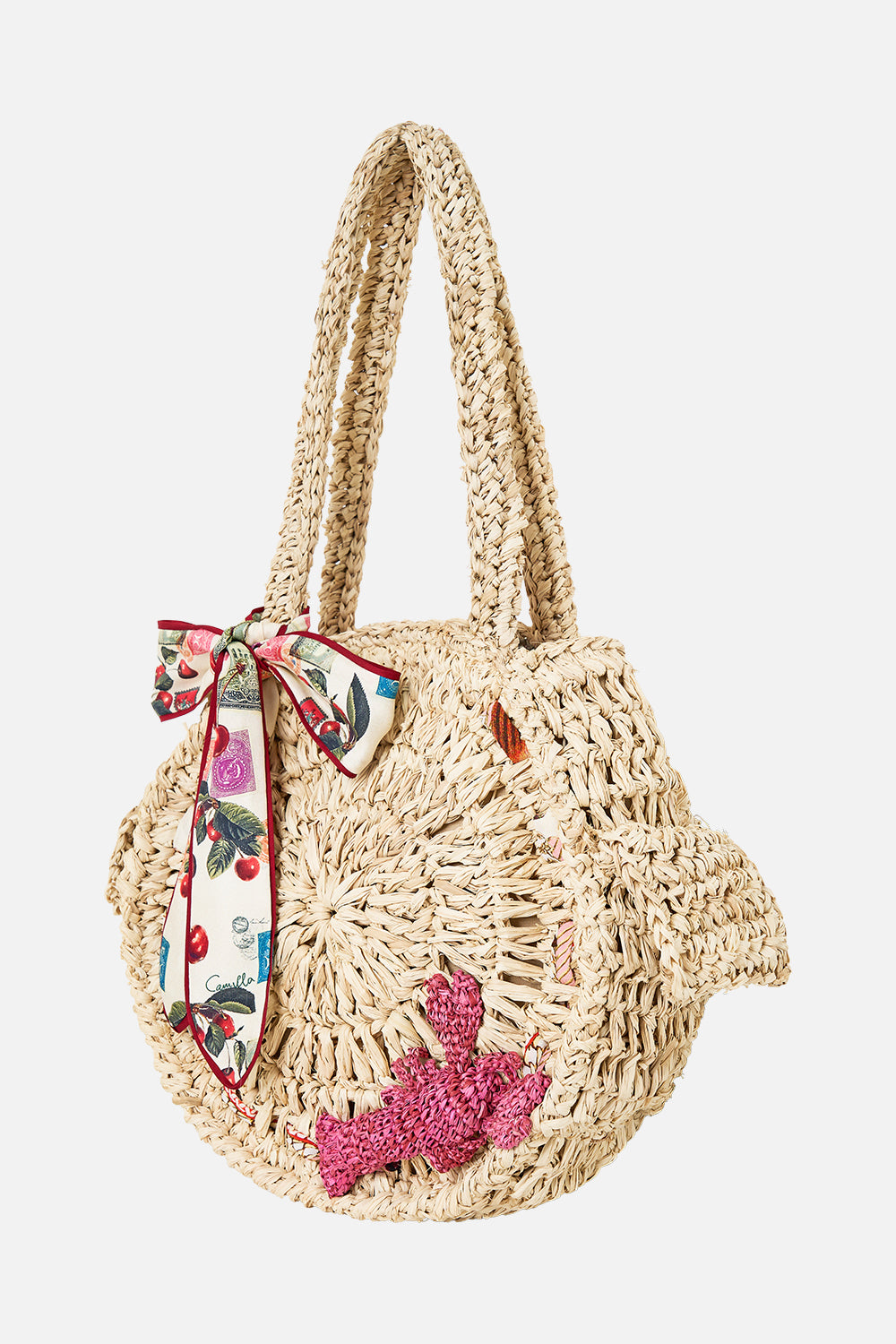 BOLSO DE HOMBRO REDONDO DE RAFIA CON LAZO DE PAÑUELO NOTAS DEL CAMINO