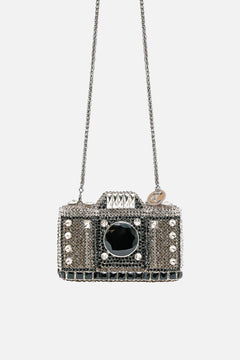 EMBELLISHED CRYSTAL CAMERA CLUTCH BAG CRYSTAL
