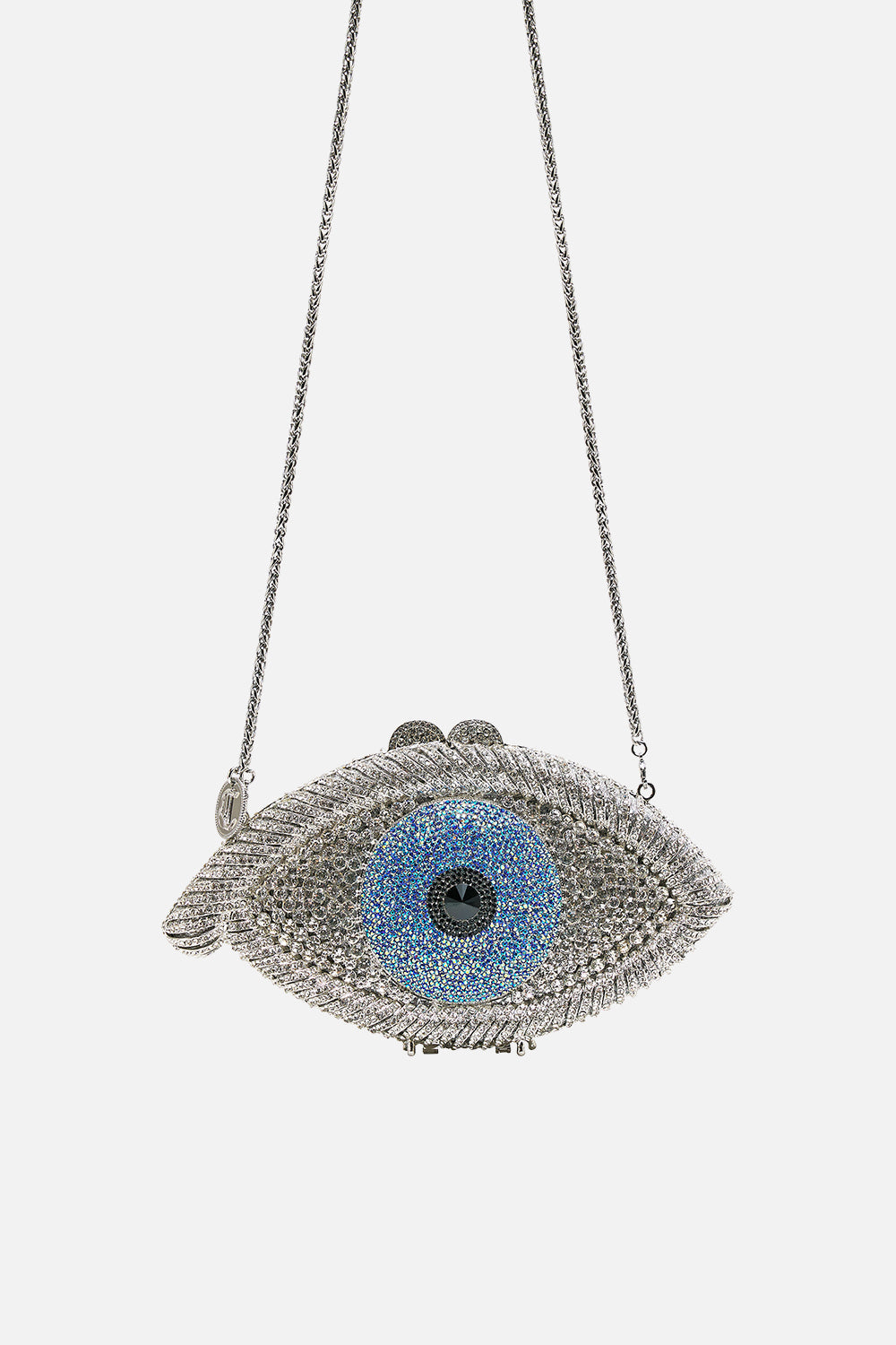 The CAMILLA embellished crystal eye clutch bag in Crystal, front product view