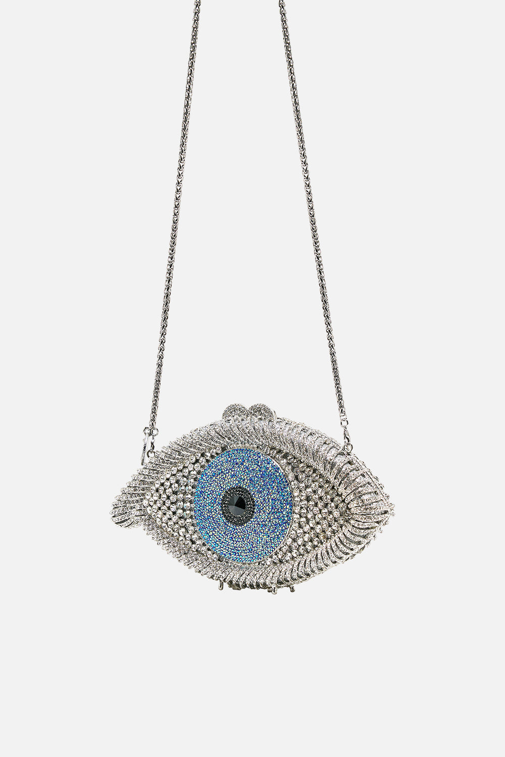The CAMILLA embellished crystal eye clutch bag in Crystal, back product view
