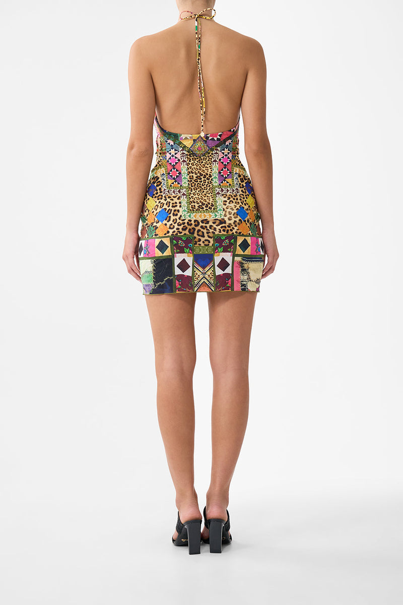 CAMILLA | Halter Beach Mini Dress W Cut Out Waist Trim Embroidered Ever After, S Multicolor | Embroidered Ever AFTER