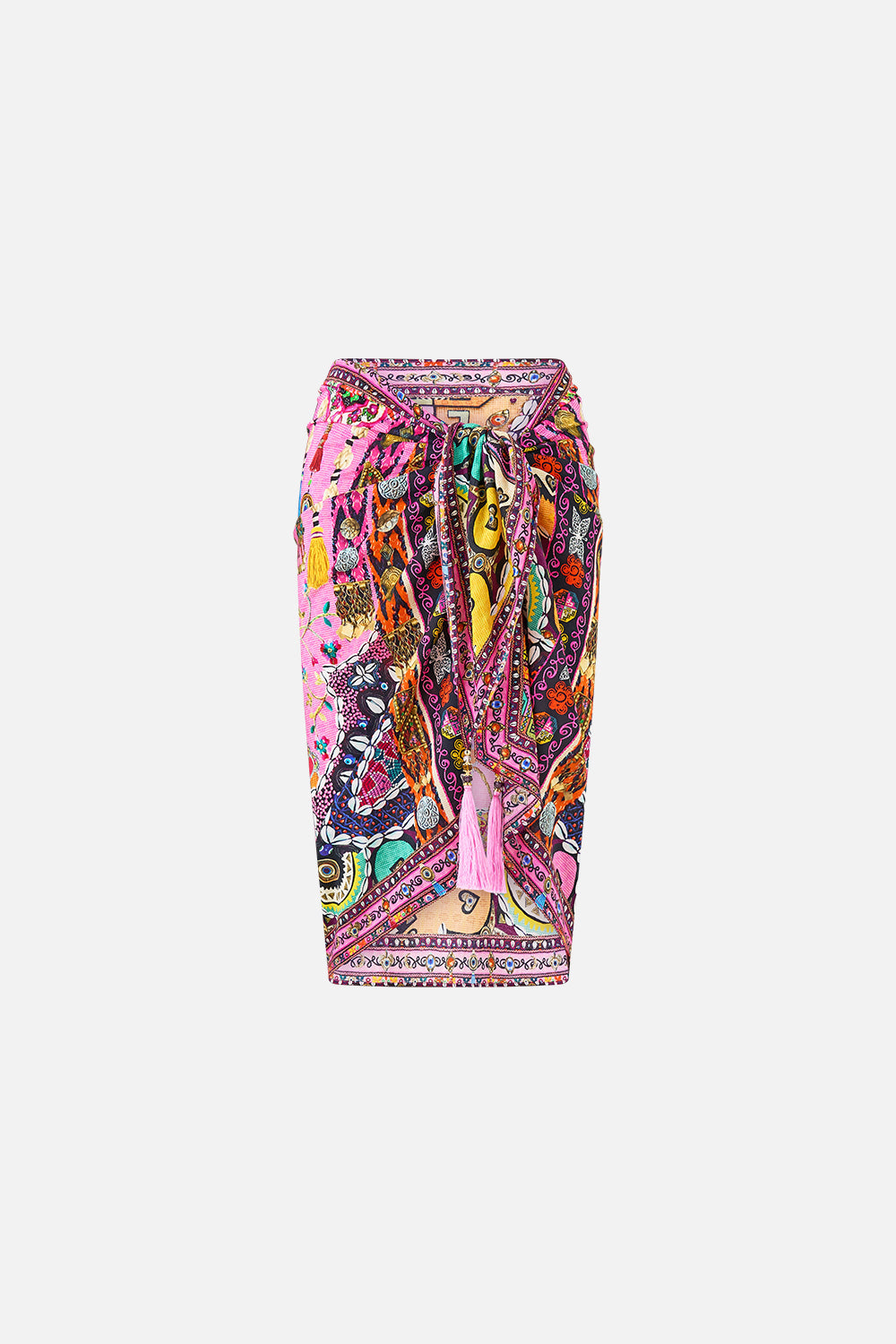 The CAMILLA WOVEN SHORT SARONG WITH TASSELS PATCHWORK PANORAMA in our  print.