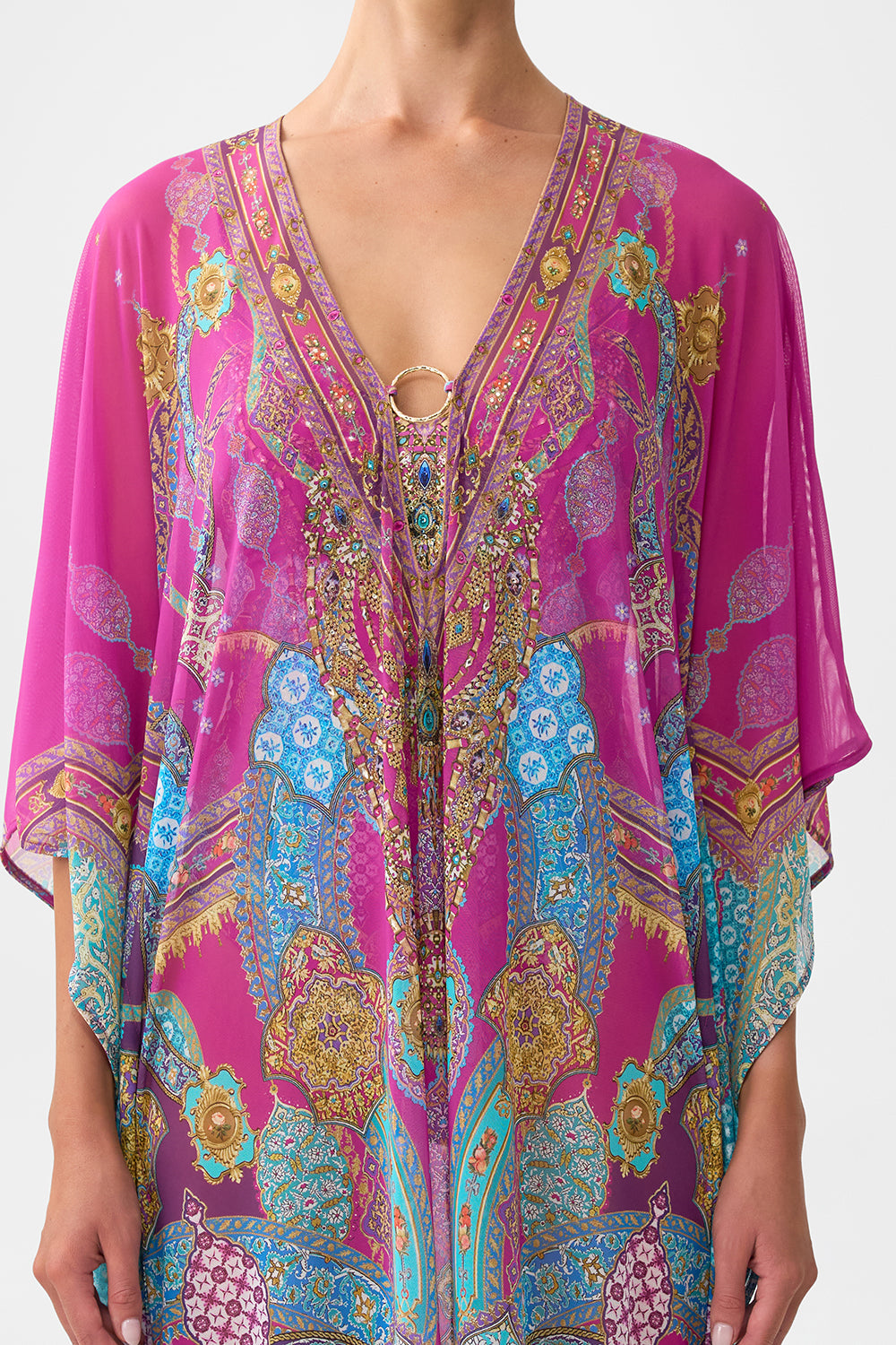 The CAMILLA long v neck kaftan with ring front trim from our print concubines, sultans & courtiers