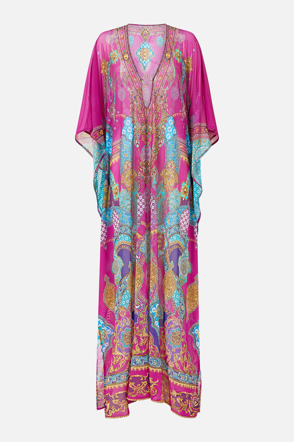 The CAMILLA long v neck kaftan with ring front trim from our print concubines, sultans & courtiers, front product view