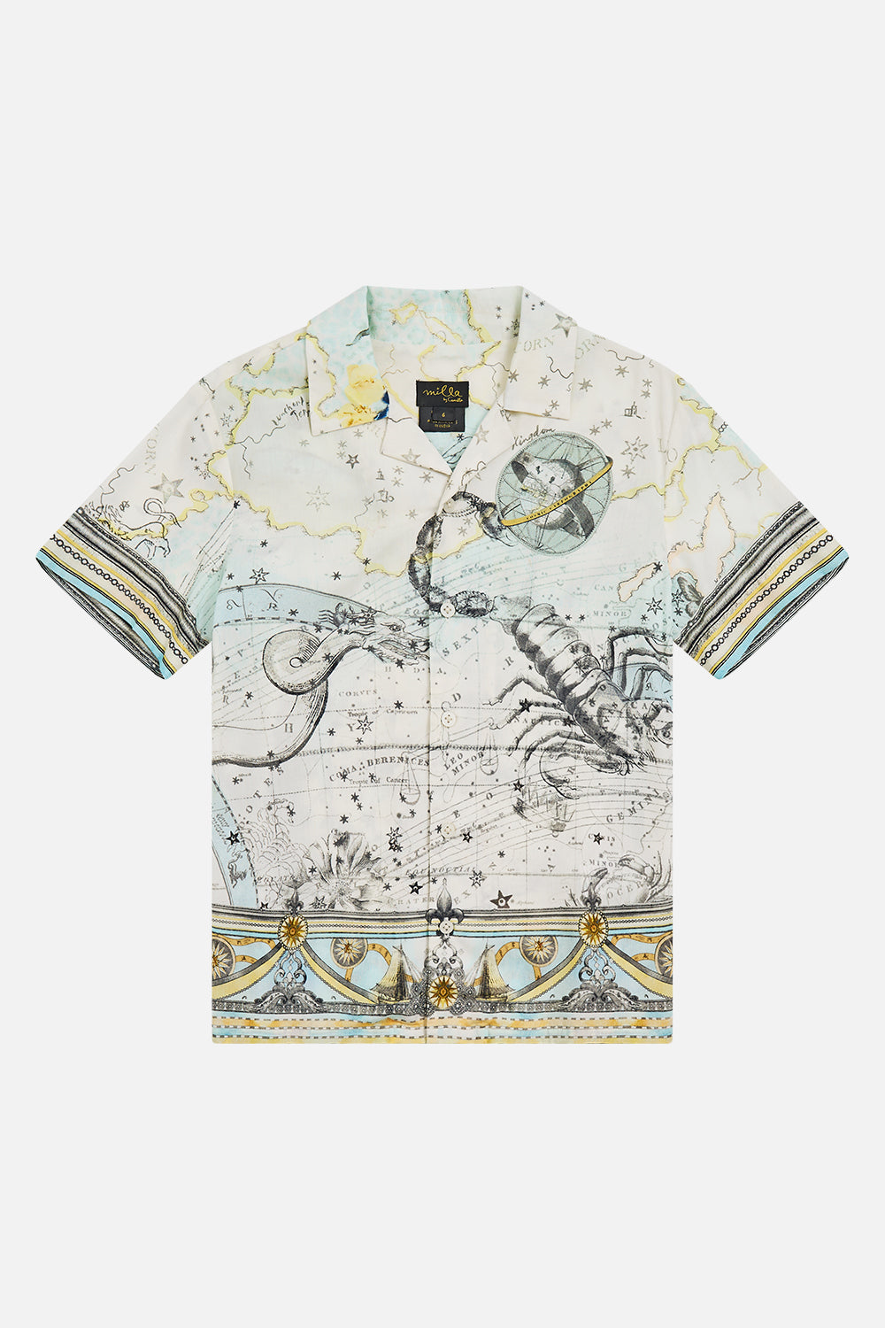 The CAMILLA BOYS SHORT SLEEVE CAMP COLLARED SHIRT MY LUCKY STARS in our MY LUCKY STARS print.