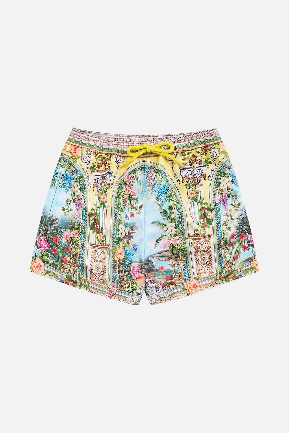 The CAMILLA boys mid length boardshort with elastic waist from our print tales of Topkapi palace, front product view