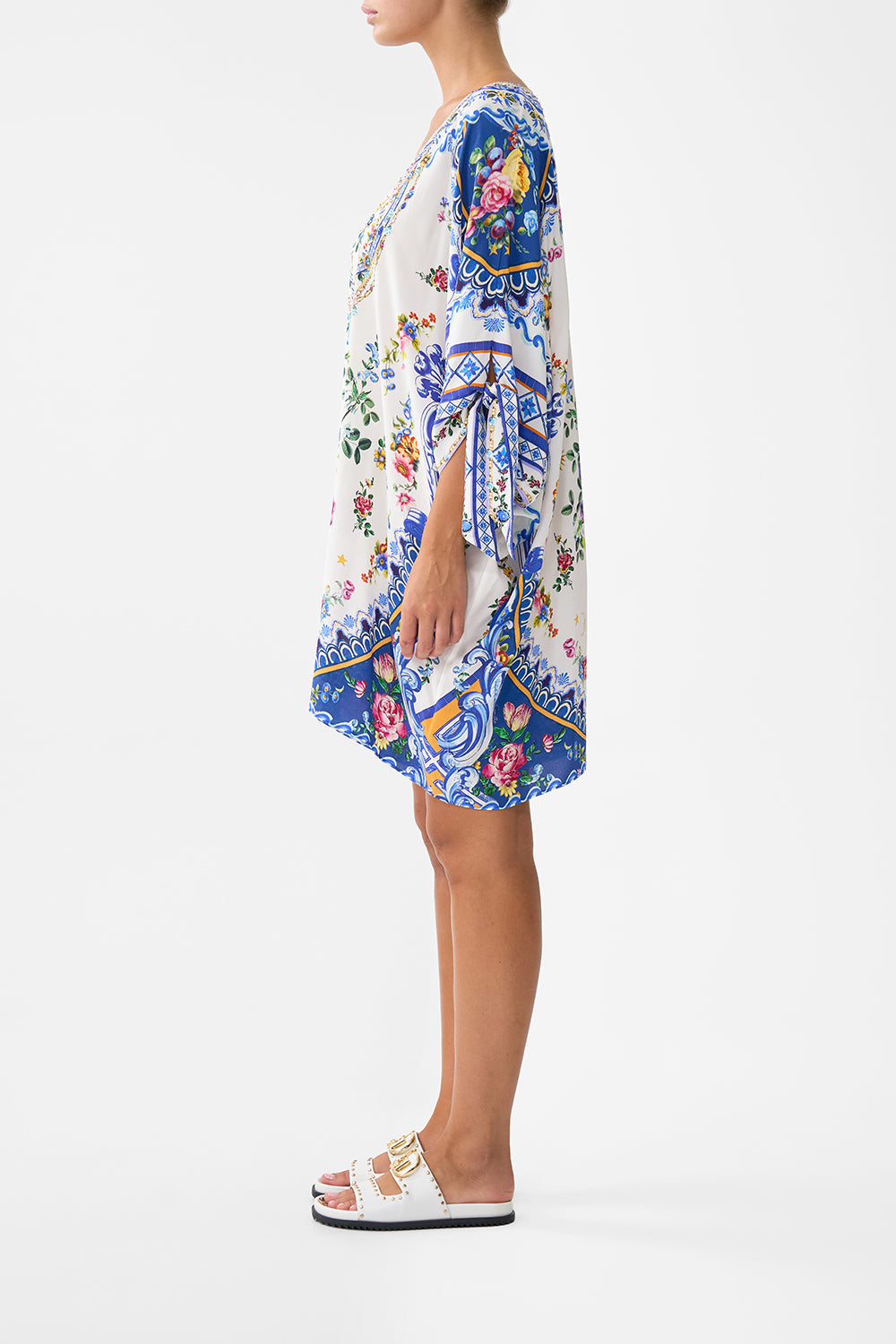 The CAMILLA Tie Sleeve Short V Neck Kaftan in our Tiles Darls print.