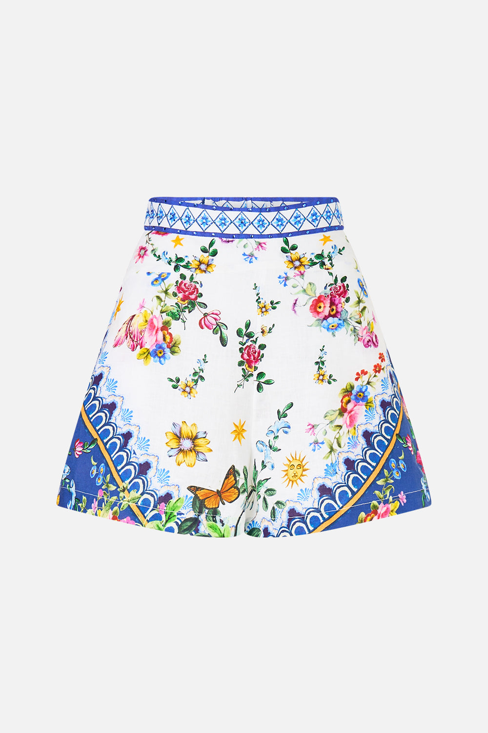 The CAMILLA Wide Waistband Short in our Tiles Darls print.