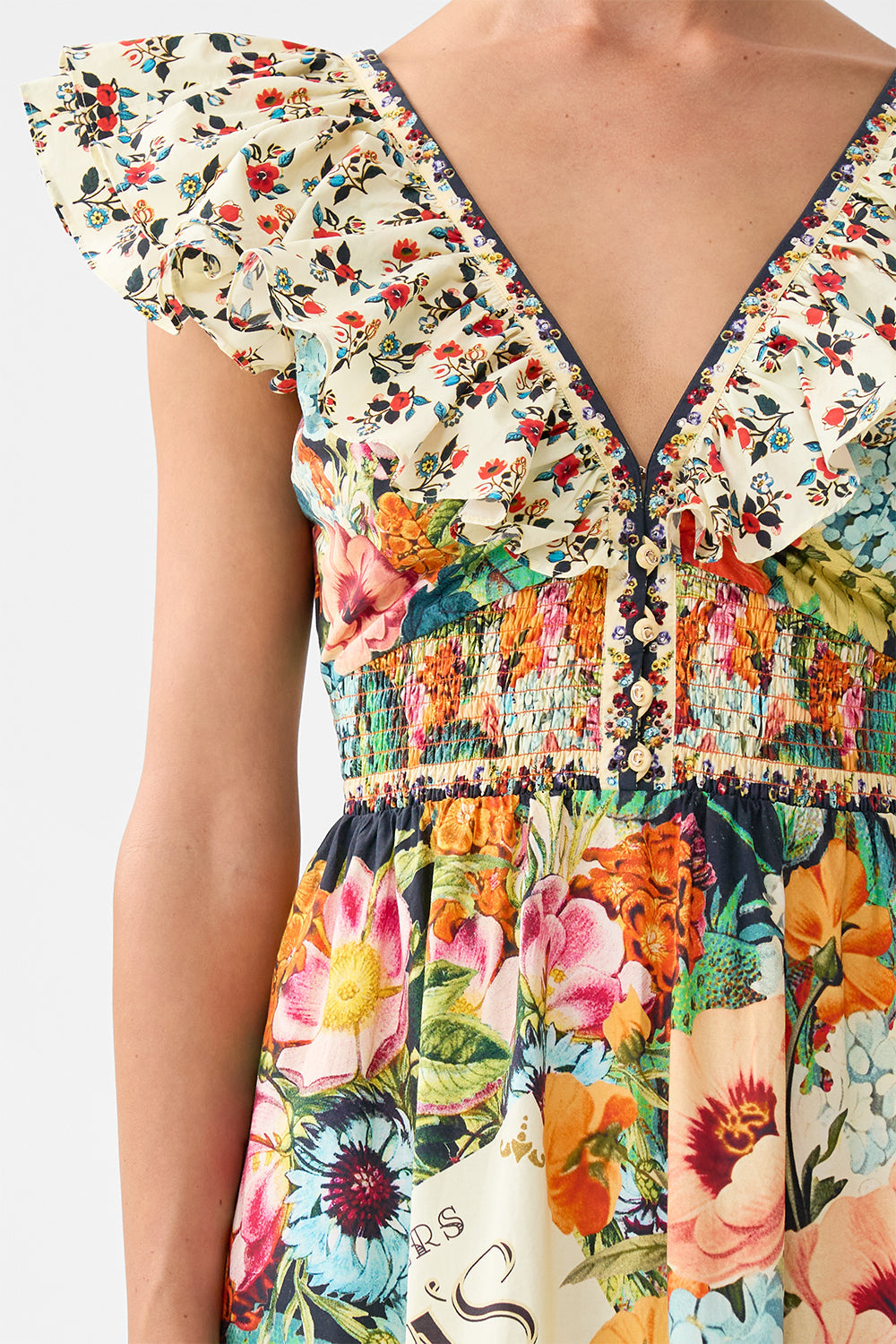 The CAMILLA Tiered Dress With Neck Frill in our Aromatic Amor print.