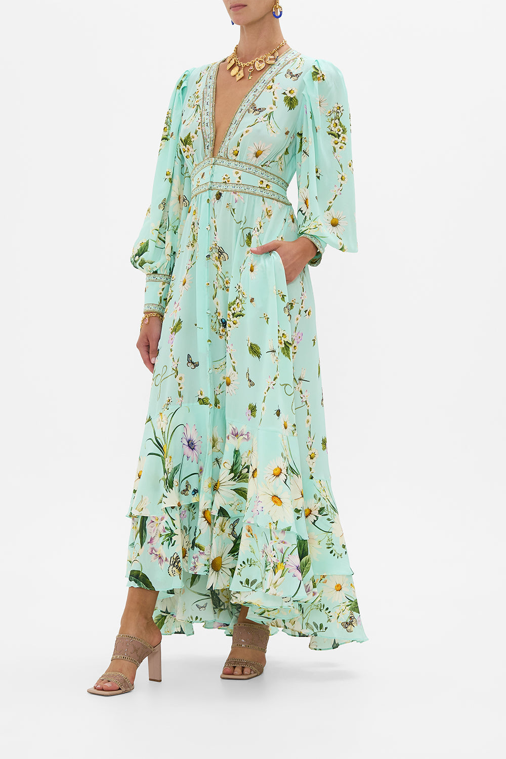 Camilla | Long Button Front Dress Floral Freefall, M Blue | Floral Freefall