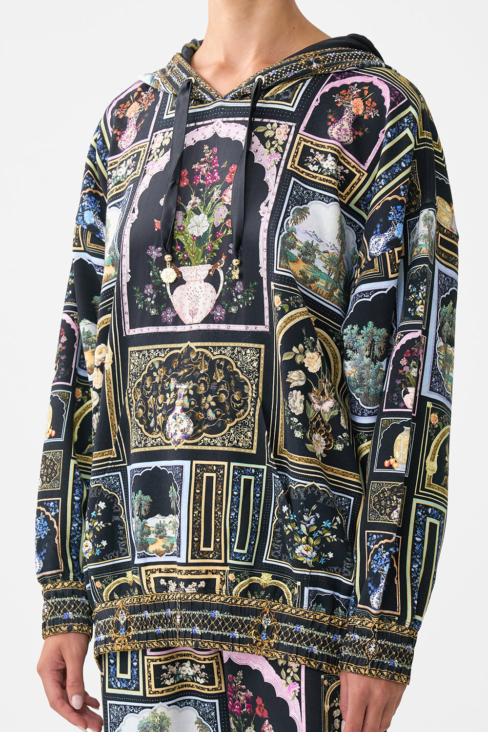 The CAMILLA silk hem band boyfriend hoodie from our print Ottoman elegance