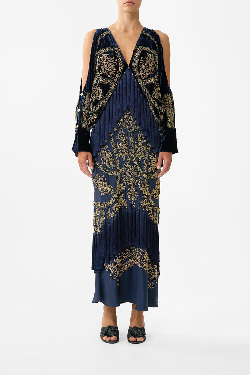 Camilla Deep Cowl Plunge Dress in Heirloom Empire