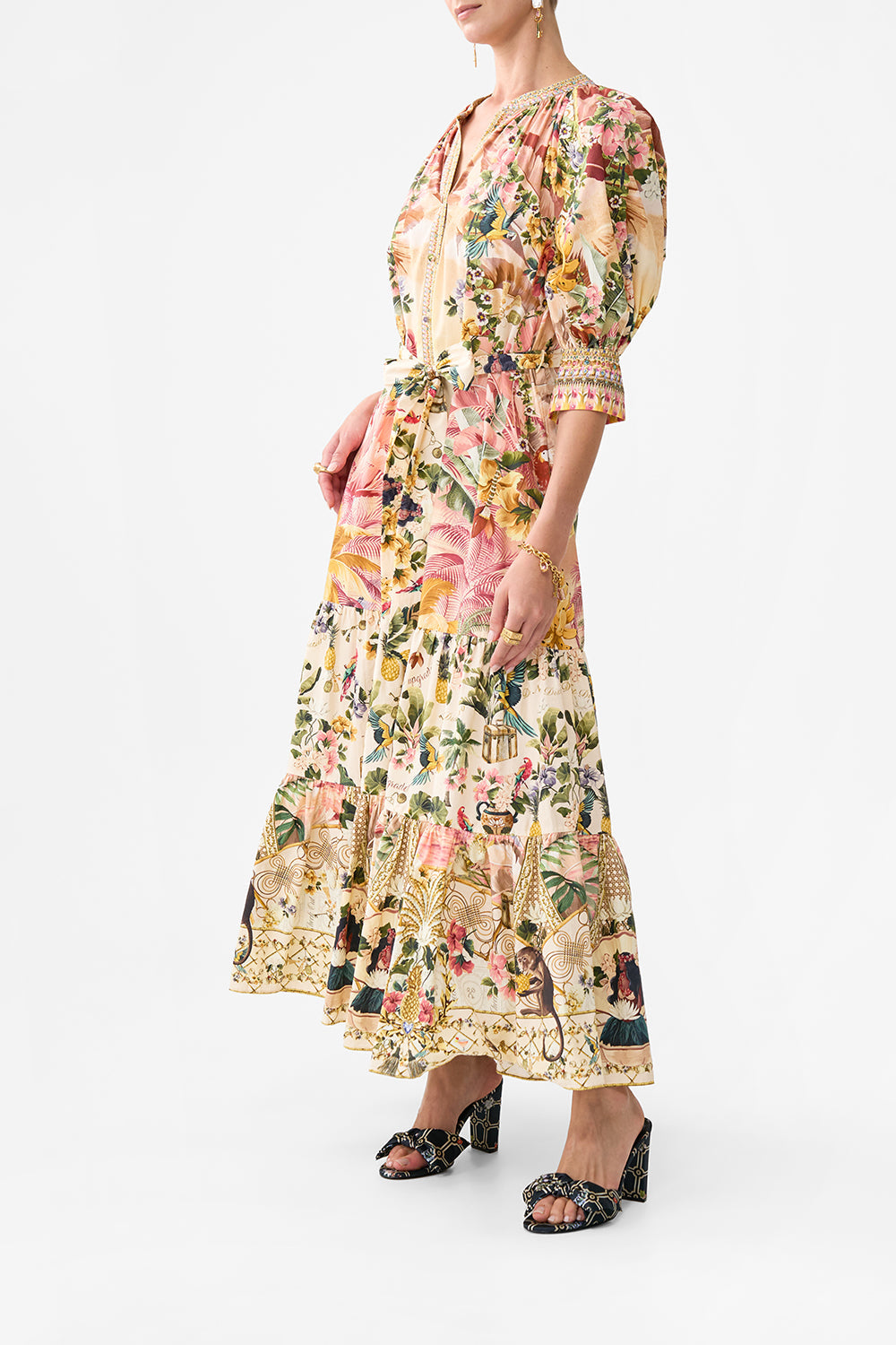 The CAMILLA TIERED SHIRT DRESS WITH SHORT SLEEVE WELCOME TO THE WHITE LOTUS in our  print.