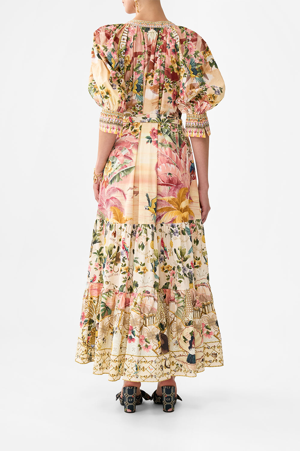 The CAMILLA TIERED SHIRT DRESS WITH SHORT SLEEVE WELCOME TO THE WHITE LOTUS in our  print.