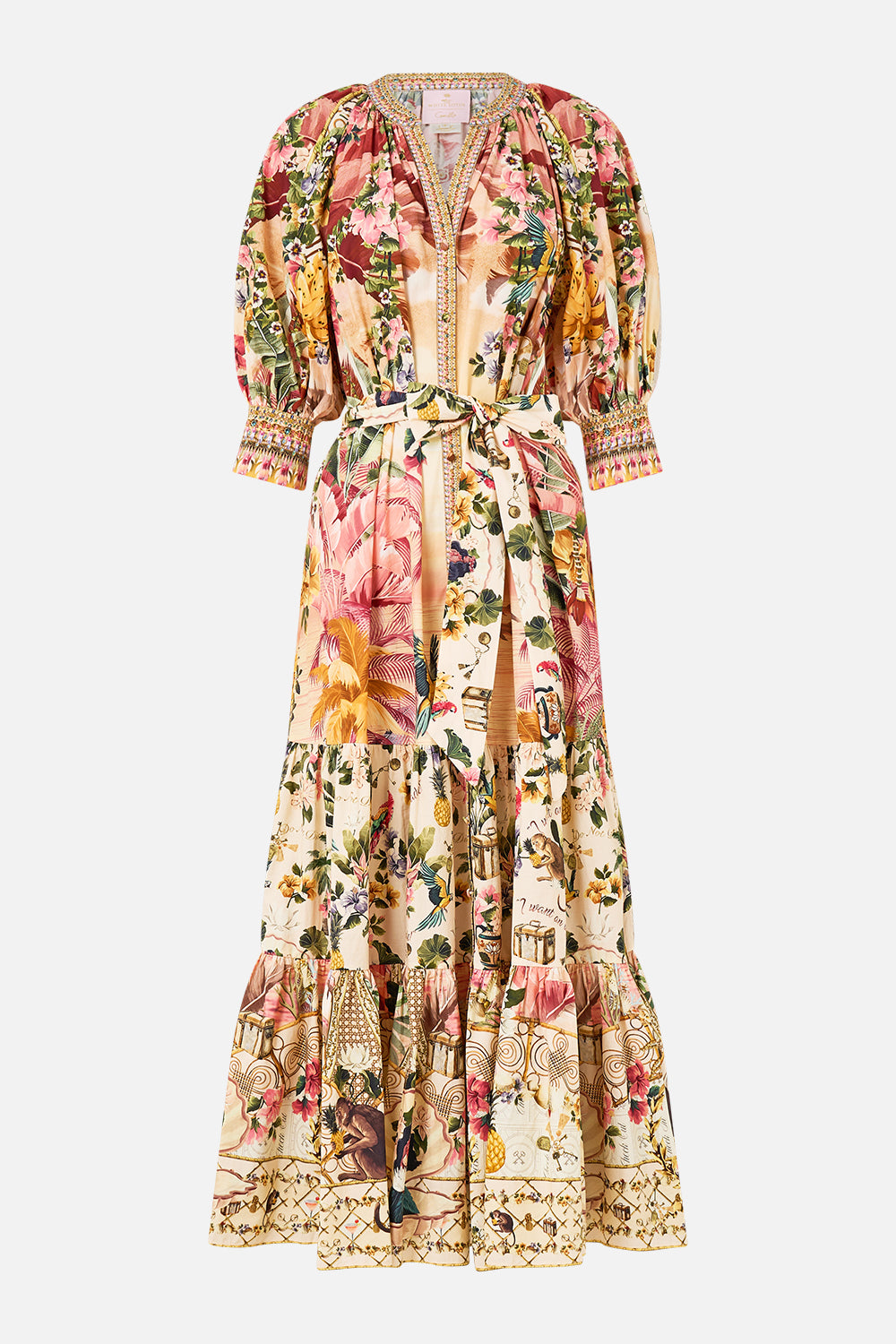 The CAMILLA TIERED SHIRT DRESS WITH SHORT SLEEVE WELCOME TO THE WHITE LOTUS in our  print.