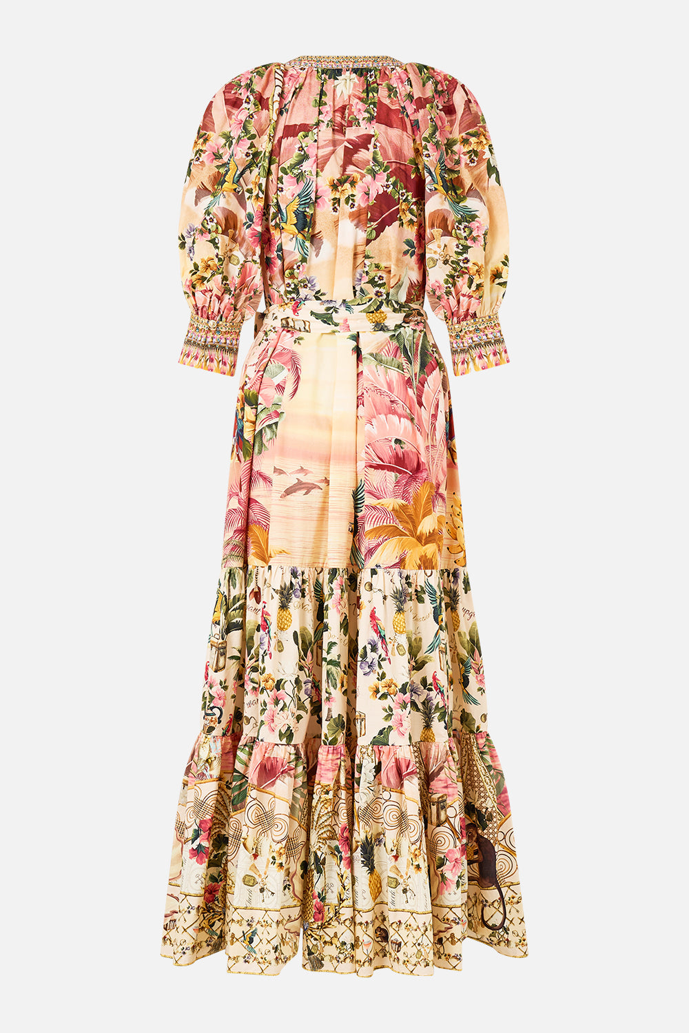 The CAMILLA TIERED SHIRT DRESS WITH SHORT SLEEVE WELCOME TO THE WHITE LOTUS in our  print.