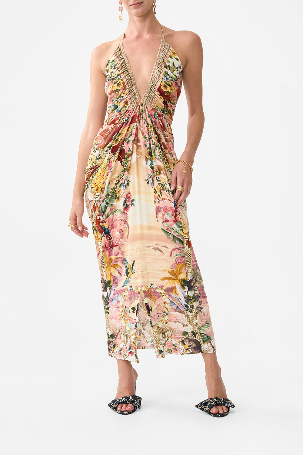 VESTIDO DE PUNTO CON CUELLO EN V Y FRUNCES BIENVENIDOS A THE WHITE LOTUS