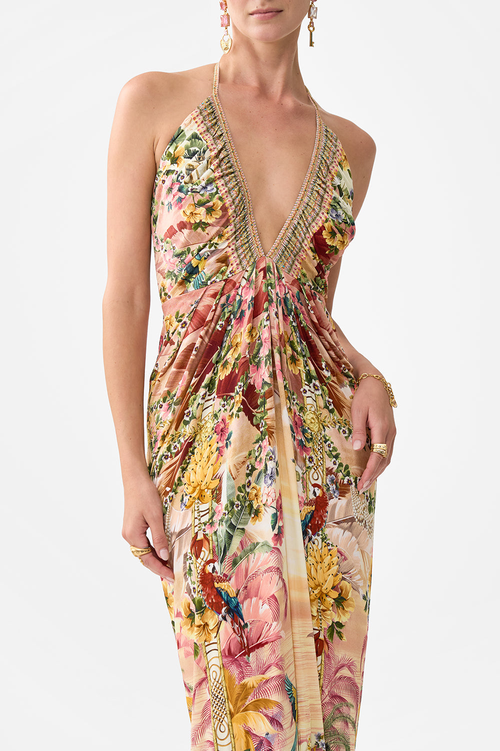 VESTIDO DE PUNTO CON CUELLO EN V Y FRUNCES BIENVENIDOS A THE WHITE LOTUS