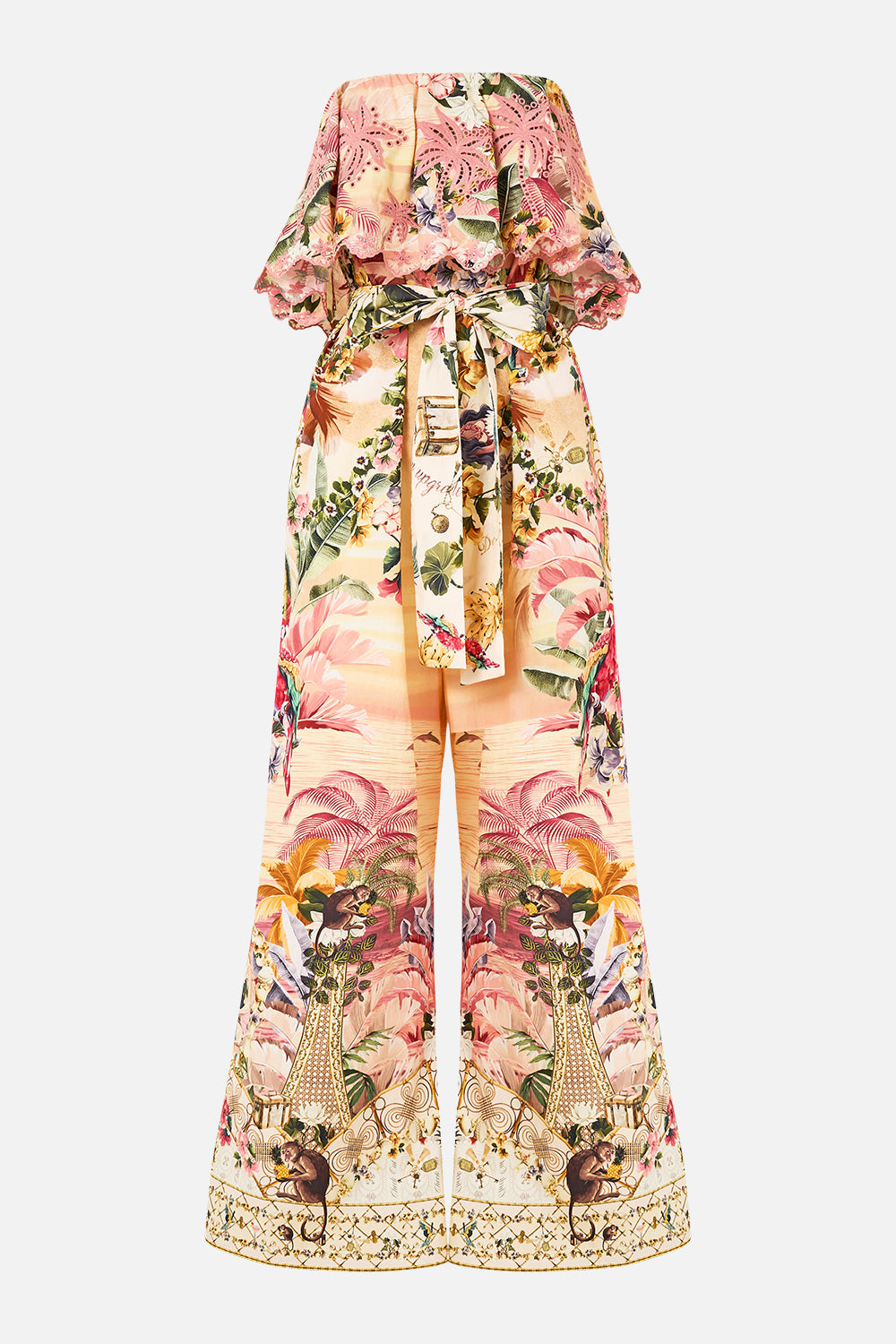 The CAMILLA STRAPLESS JUMPSUIT WITH FRILL WELCOME TO THE WHITE LOTUS in our  print.