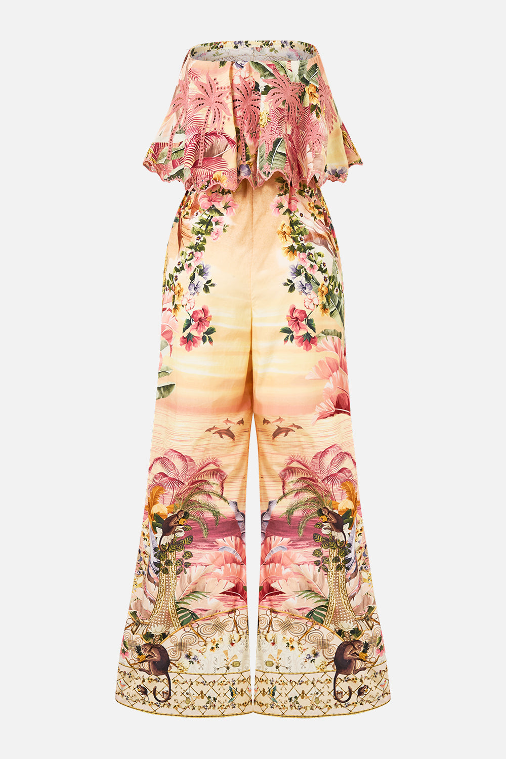 The CAMILLA STRAPLESS JUMPSUIT WITH FRILL WELCOME TO THE WHITE LOTUS in our  print.