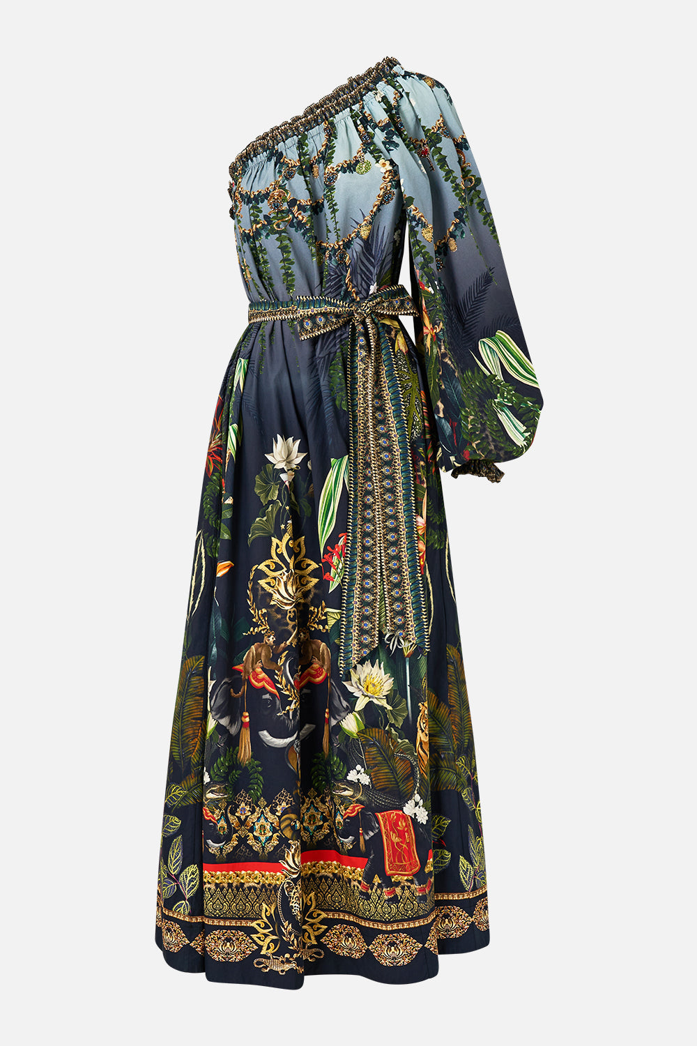 The CAMILLA ONE SHOULDER DRESS WITH BLOUSON SLEEVE READY FOR MY WELCOME DRINK in our  print.