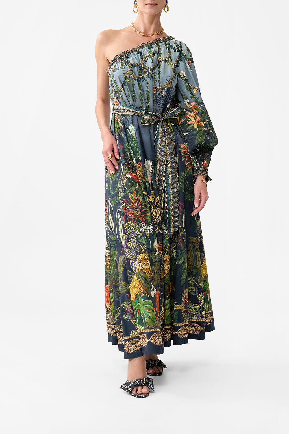 The CAMILLA ONE SHOULDER DRESS WITH BLOUSON SLEEVE READY FOR MY WELCOME DRINK in our READY FOR MY WELCOME DRINK print.