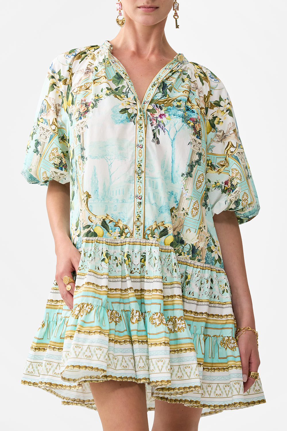 The CAMILLA PUFF SLEEVE SHIRT DRESS VENUS ON A VESPA in our  print.