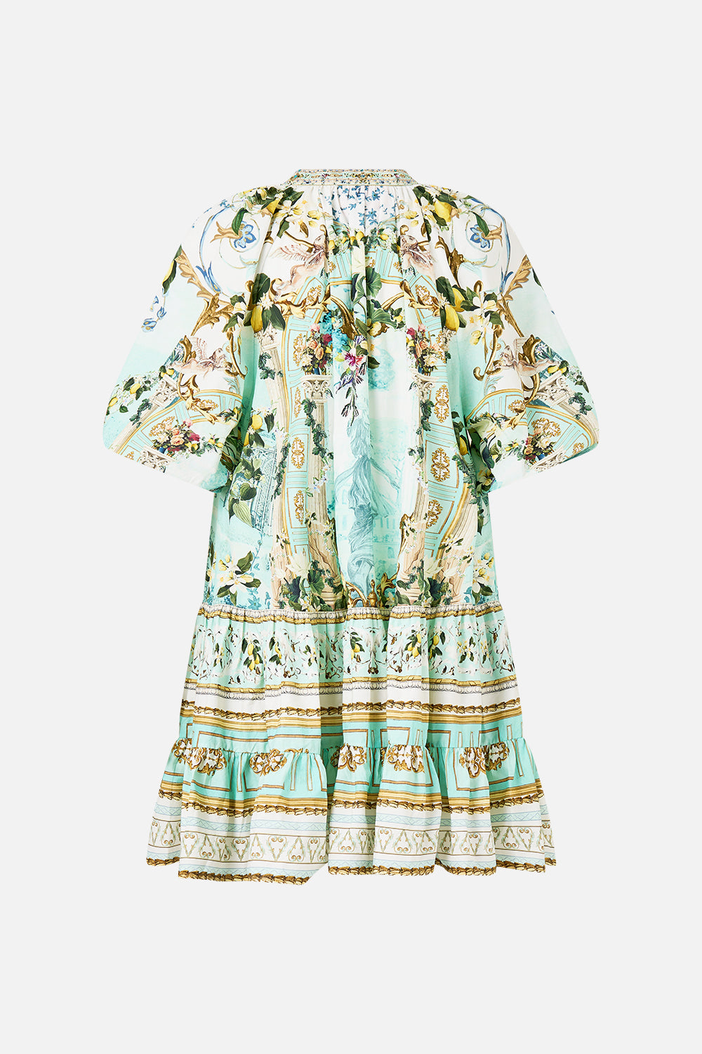 The CAMILLA PUFF SLEEVE SHIRT DRESS VENUS ON A VESPA in our  print.