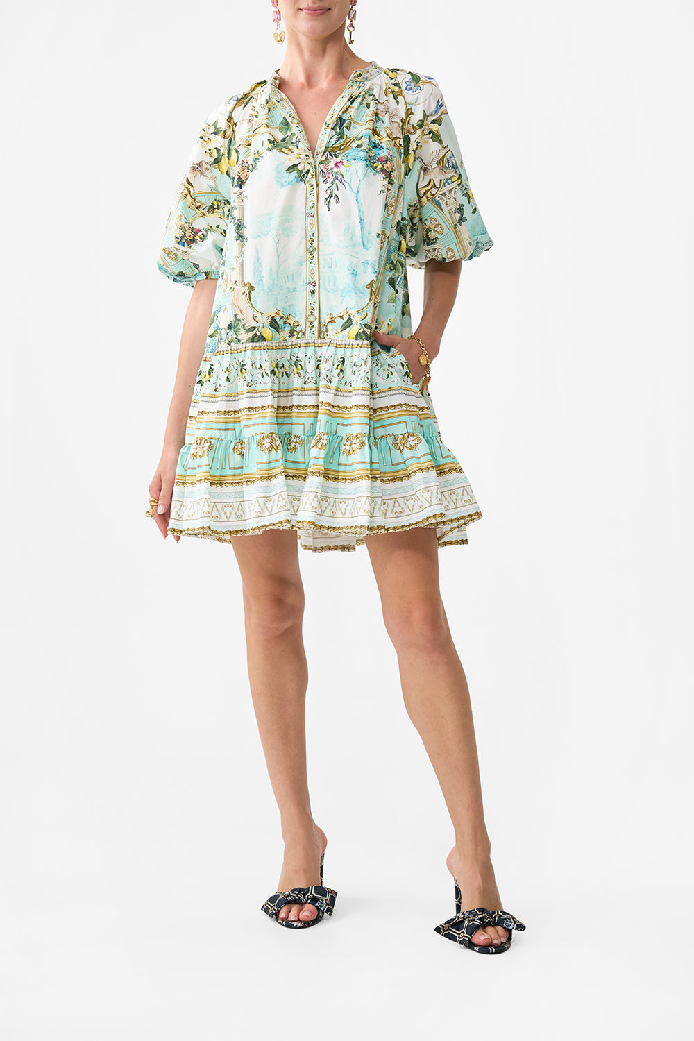 The CAMILLA PUFF SLEEVE SHIRT DRESS VENUS ON A VESPA in our VENUS ON A VESPA print.