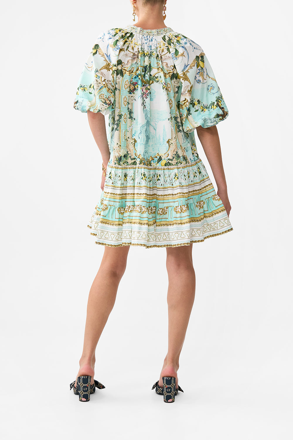 The CAMILLA PUFF SLEEVE SHIRT DRESS VENUS ON A VESPA in our  print.