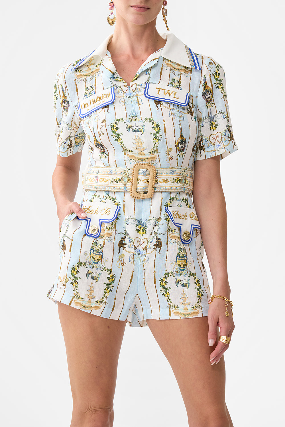 The CAMILLA POCKET PLAYSUIT VENUS ON A VESPA in our  print.