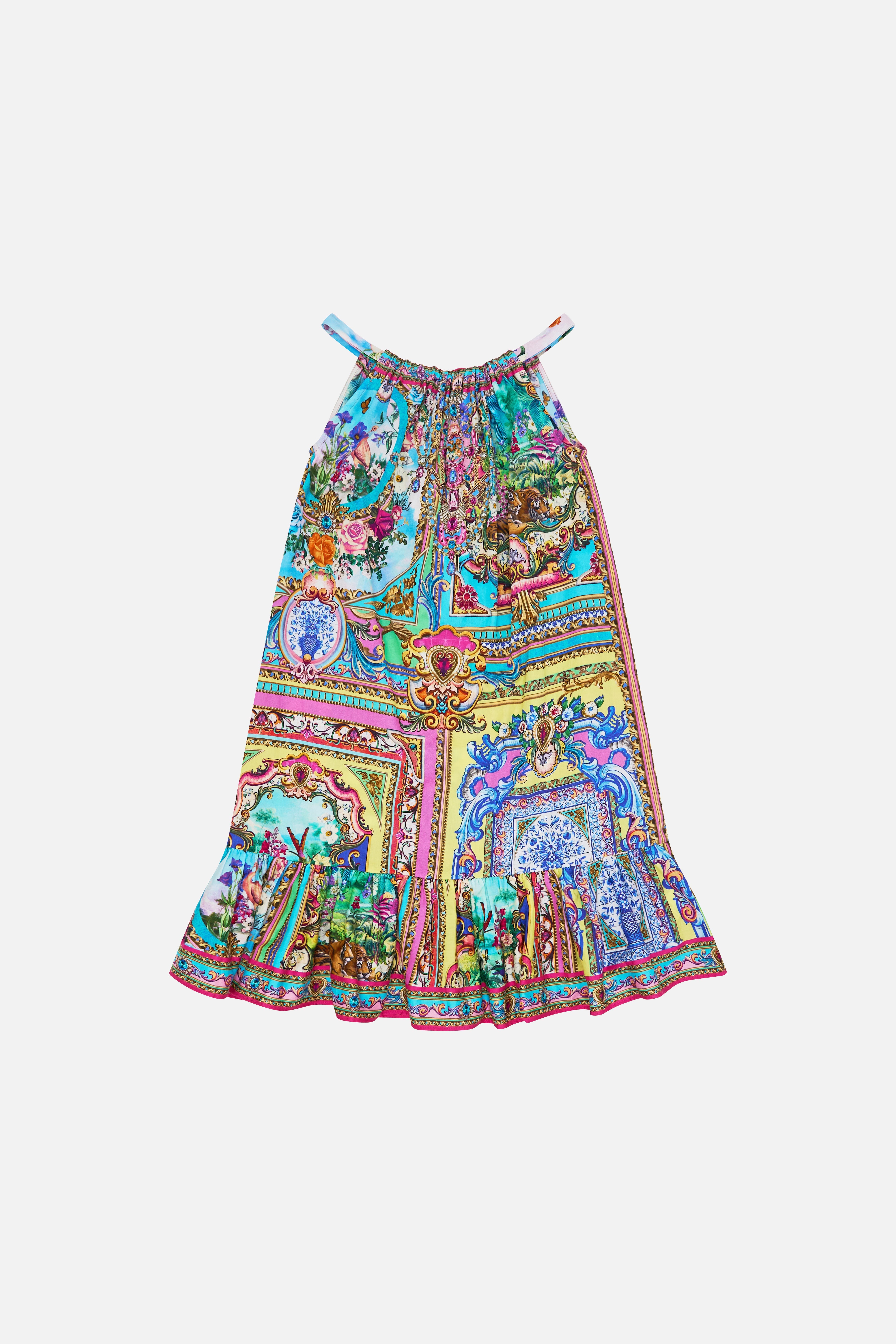 The CAMILLA KIDS DRAWSTRING MAXI DRESS W FRILL HEM 12-14 SPIRIT OF SANTA MARIA in our SPIRIT OF SANTA MARIA print.