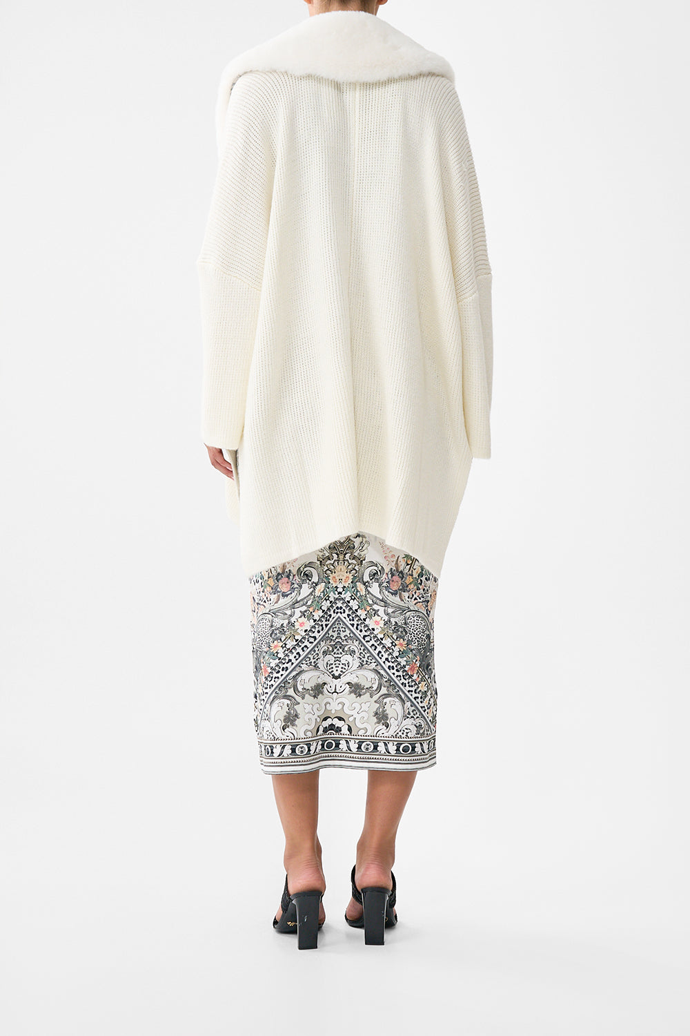 The CAMILLA Knit Relaxed Layer With Faux Fur in our Marble Heaven print.