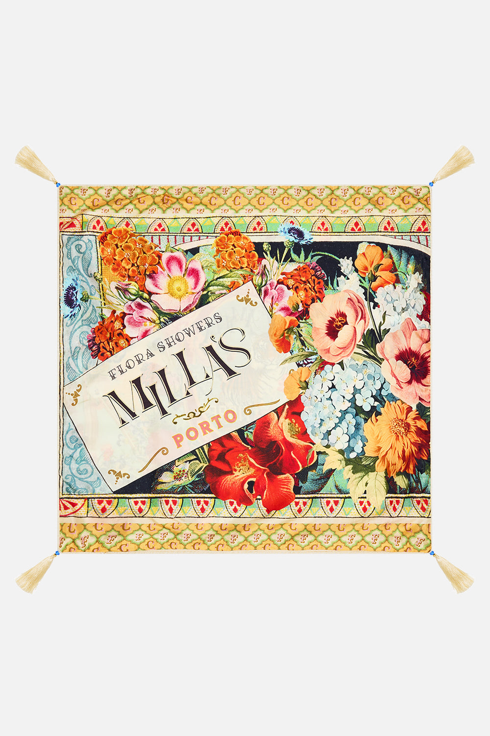 The CAMILLA Large Square Cushion in our Aromatic Tiger Flower print.