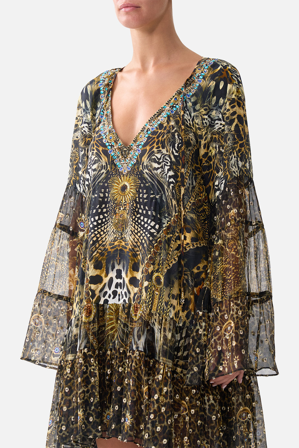 VESTIDO CON PANELES FRUNCIDOS EN FORMA DE A LÍNEA FOLCLORE FELINO