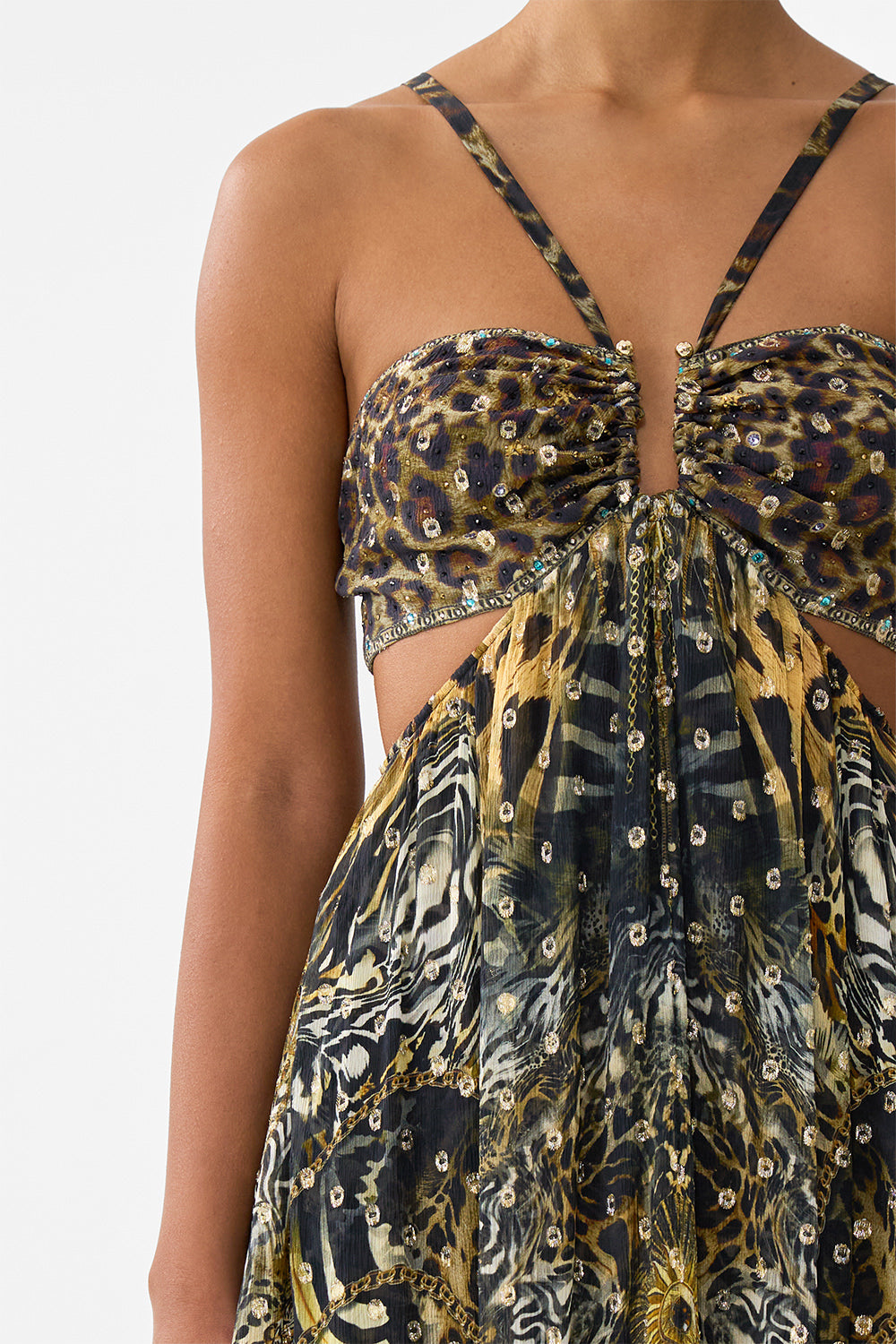 GATHERED CUT OUT DRESS FELINE FOLKLORE