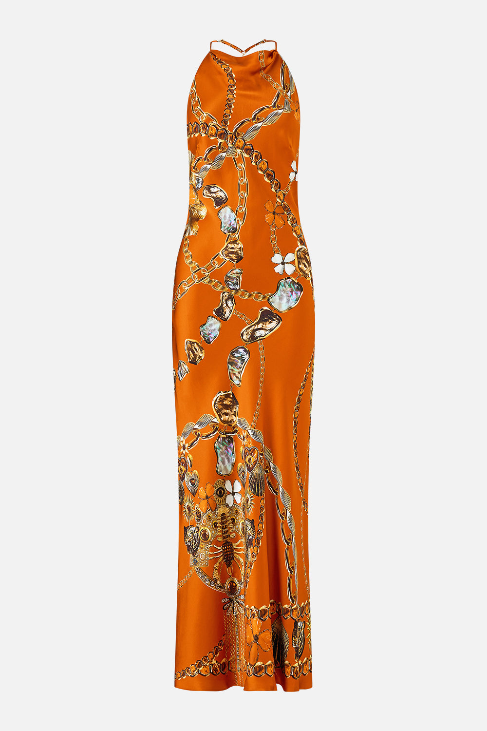 The CAMILLA halter chain slip dress from our print talismans of Türkiye, front product view