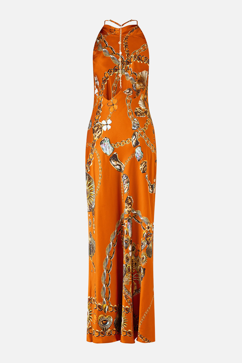 The CAMILLA halter chain slip dress from our print talismans of Türkiye, back product view
