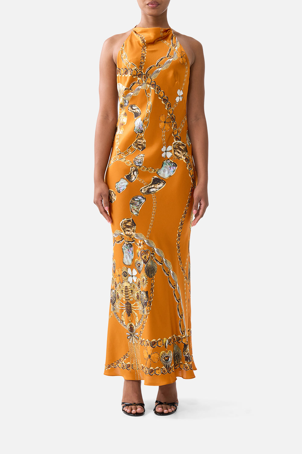 The CAMILLA halter chain slip dress from our print talismans of Türkiye, front model view