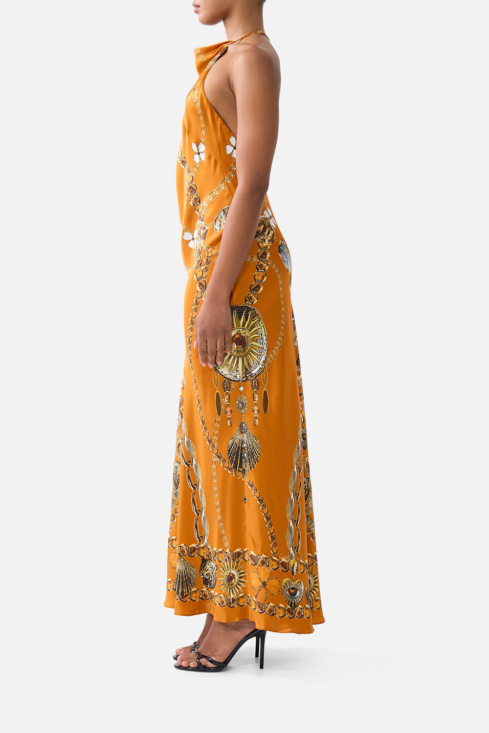 The CAMILLA halter chain slip dress from our print talismans of Türkiye, side model view