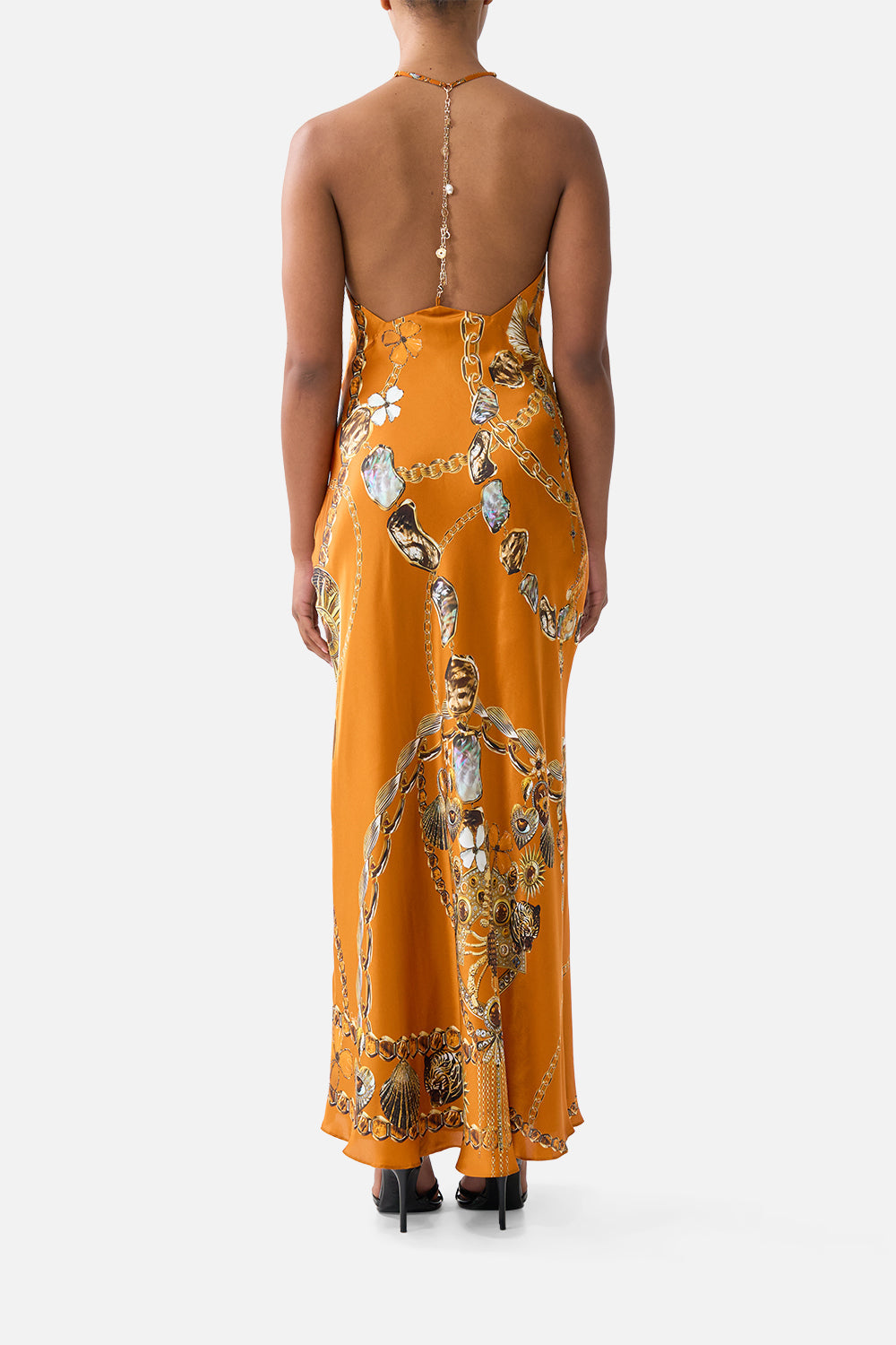 The CAMILLA halter chain slip dress from our print talismans of Türkiye, back model view
