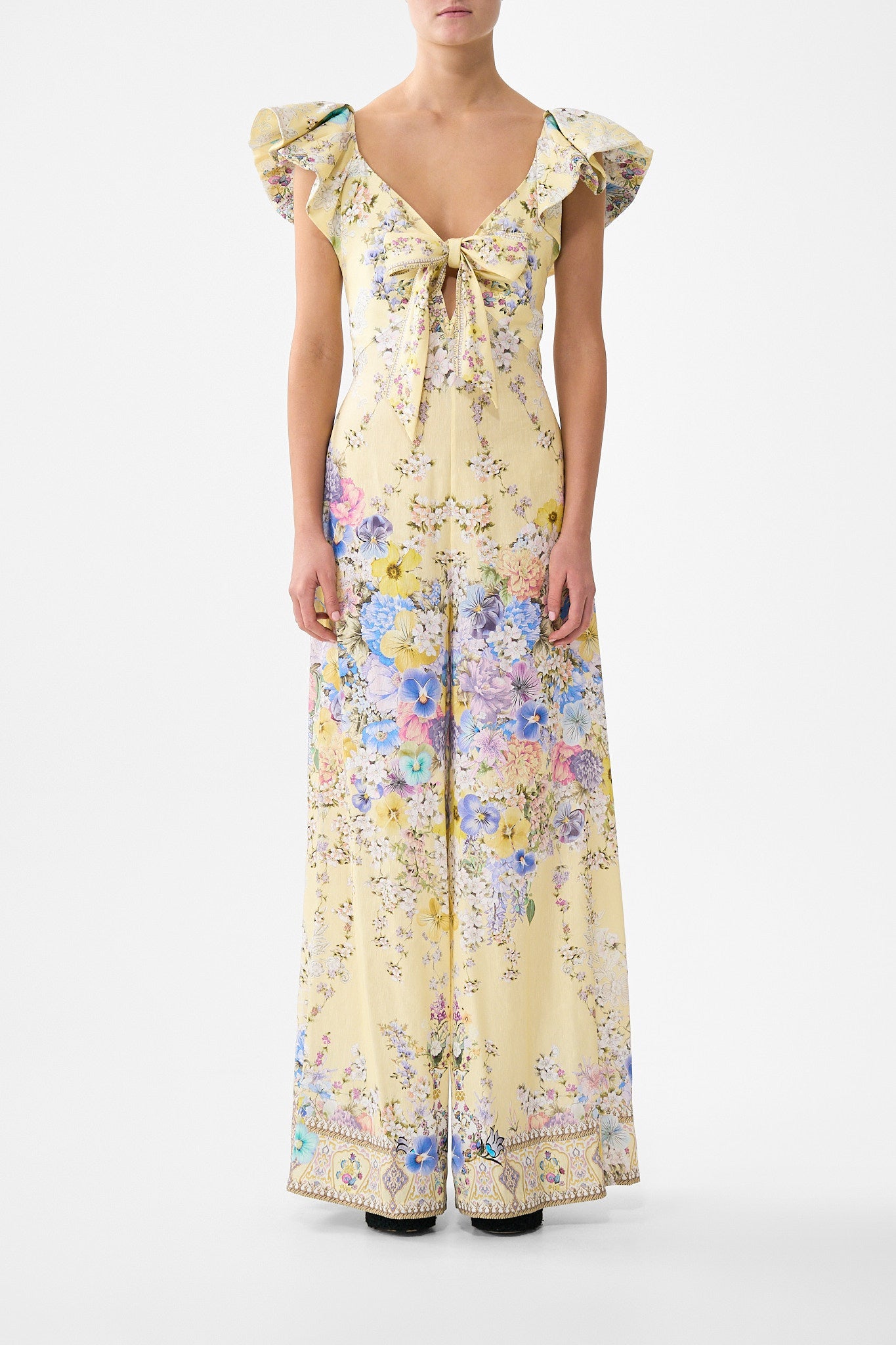 The CAMILLA TIE FRONT FRILL SLEEVE JUMPSUIT DARLING BUDS in our DARLING BUDS print.