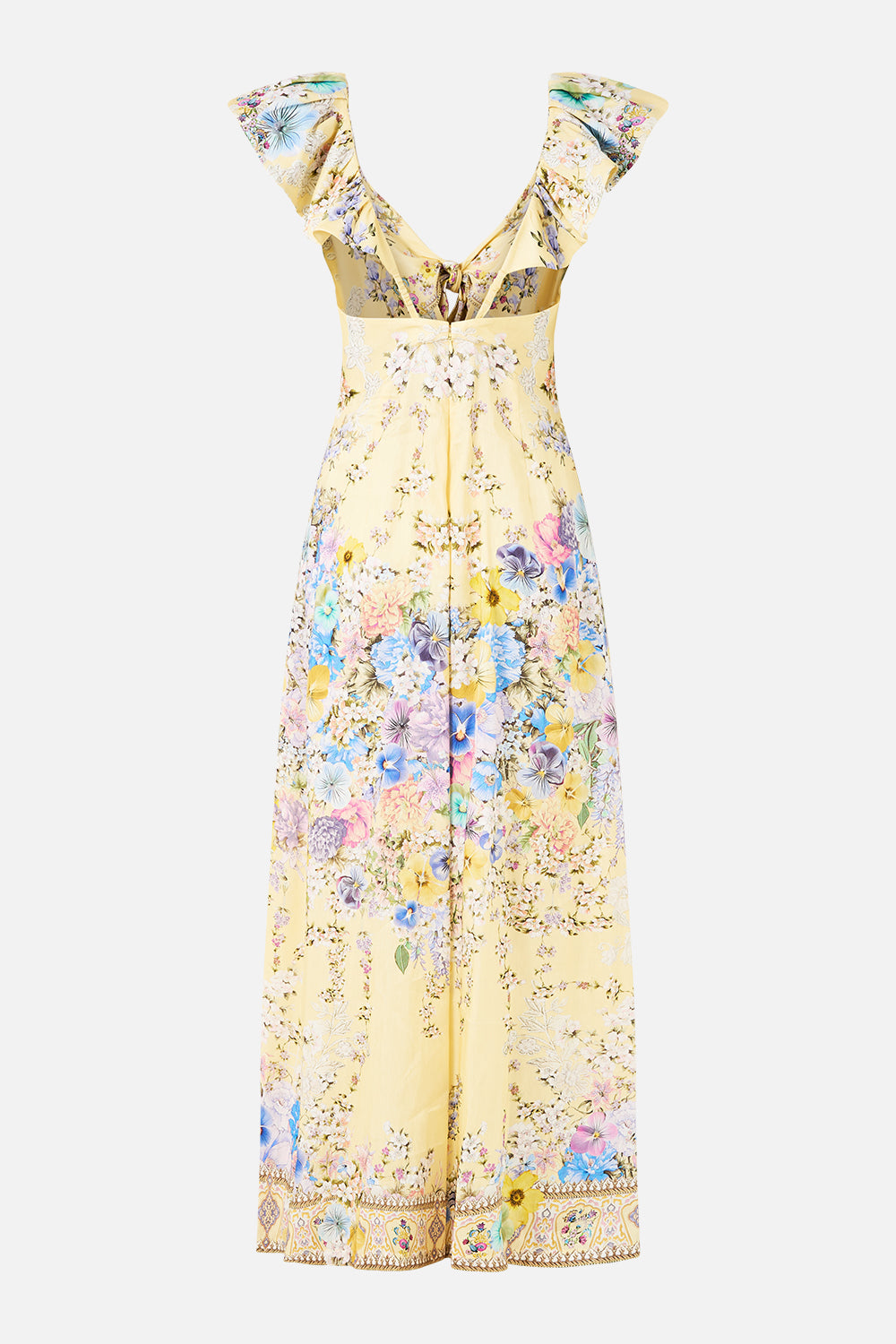 The CAMILLA TIE FRONT FRILL SLEEVE JUMPSUIT DARLING BUDS in our  print.