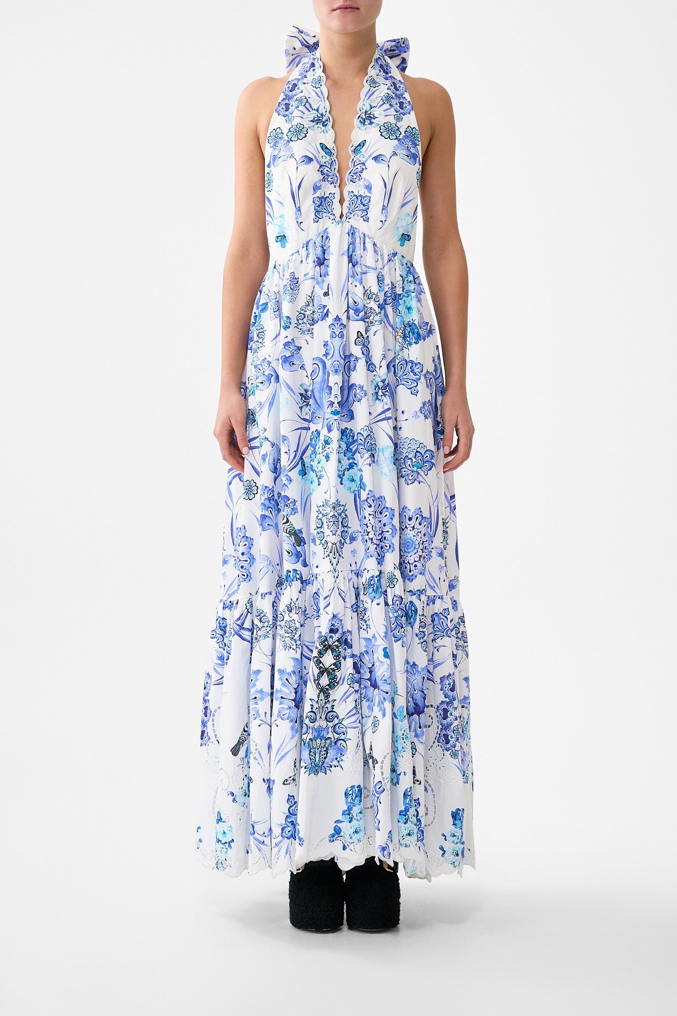 The CAMILLA RUFFLE HEM HALTER DRESS ALL ABOUT THAT LACE in our ALL ABOUT THAT LACE print.