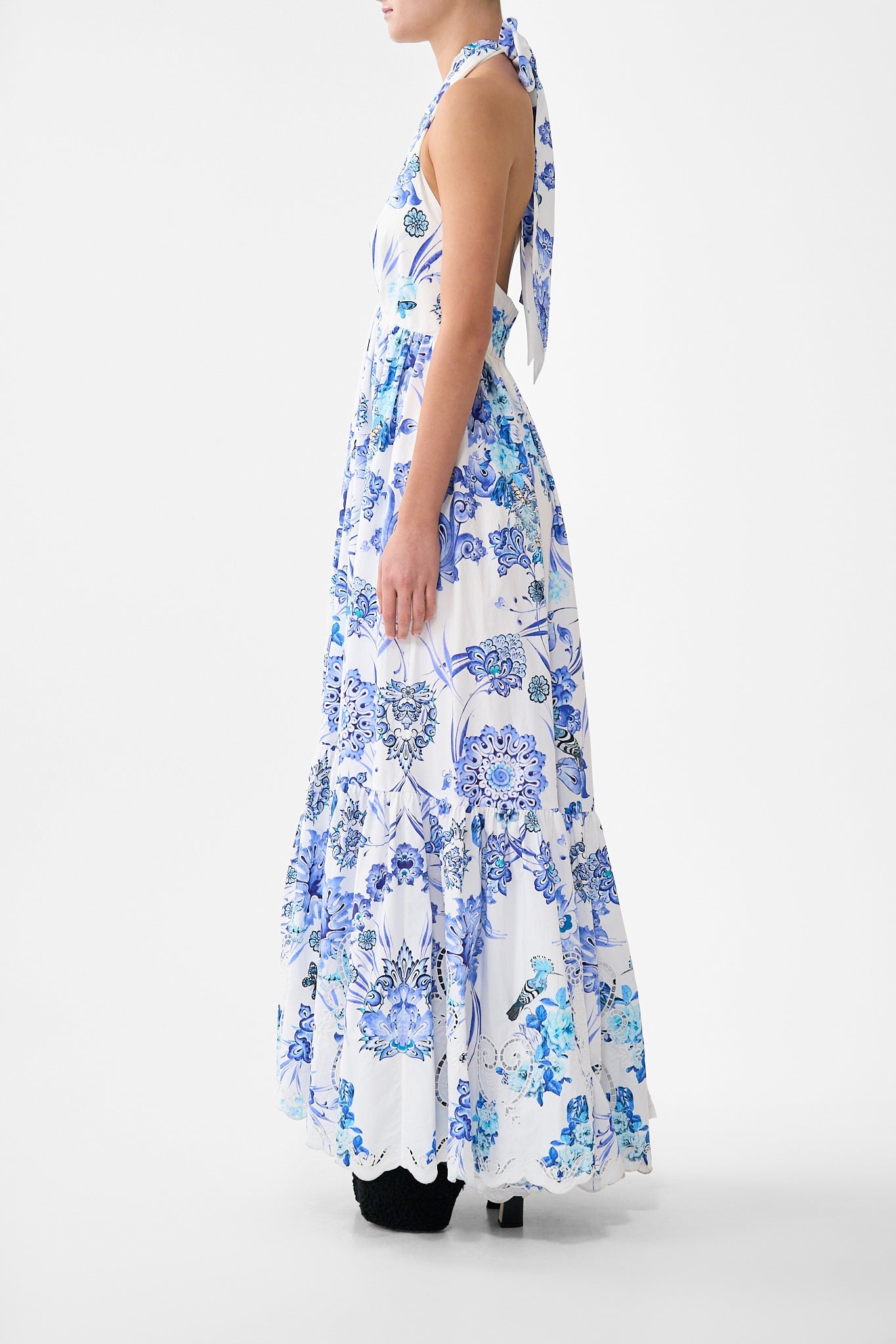 The CAMILLA RUFFLE HEM HALTER DRESS ALL ABOUT THAT LACE in our  print.