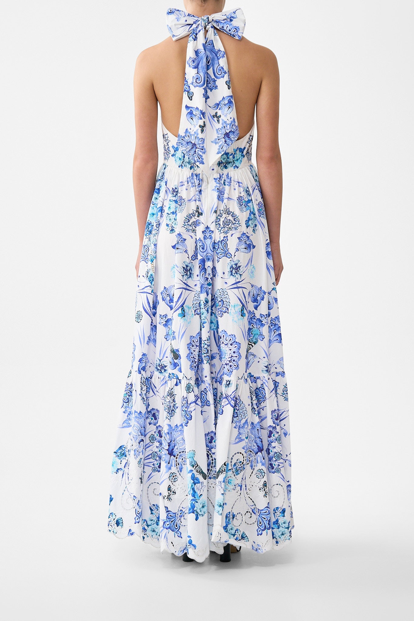 The CAMILLA RUFFLE HEM HALTER DRESS ALL ABOUT THAT LACE in our  print.