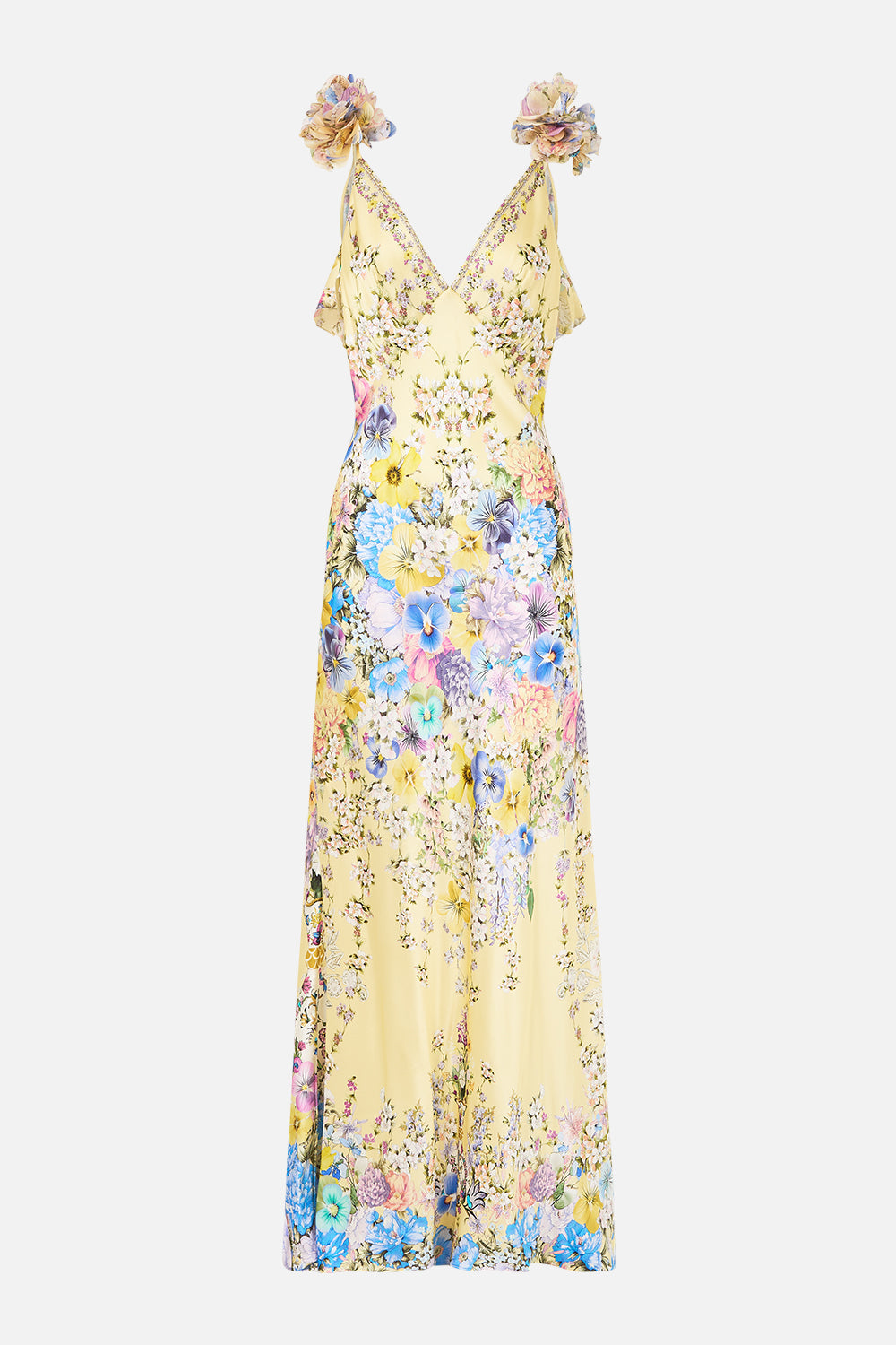 VESTIDO LENCERO AL BIES ESCOTE PICO CON VOLANTE EN LA ESPALDA ESTAMPADO DARLING BUDS